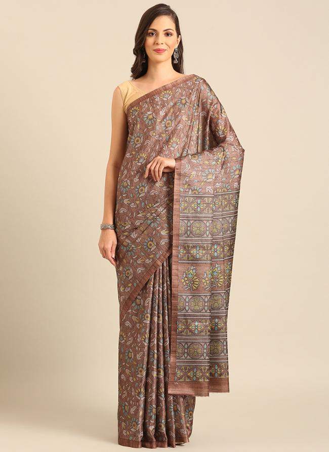 Cotton Brown Casual Wear Printed Saree